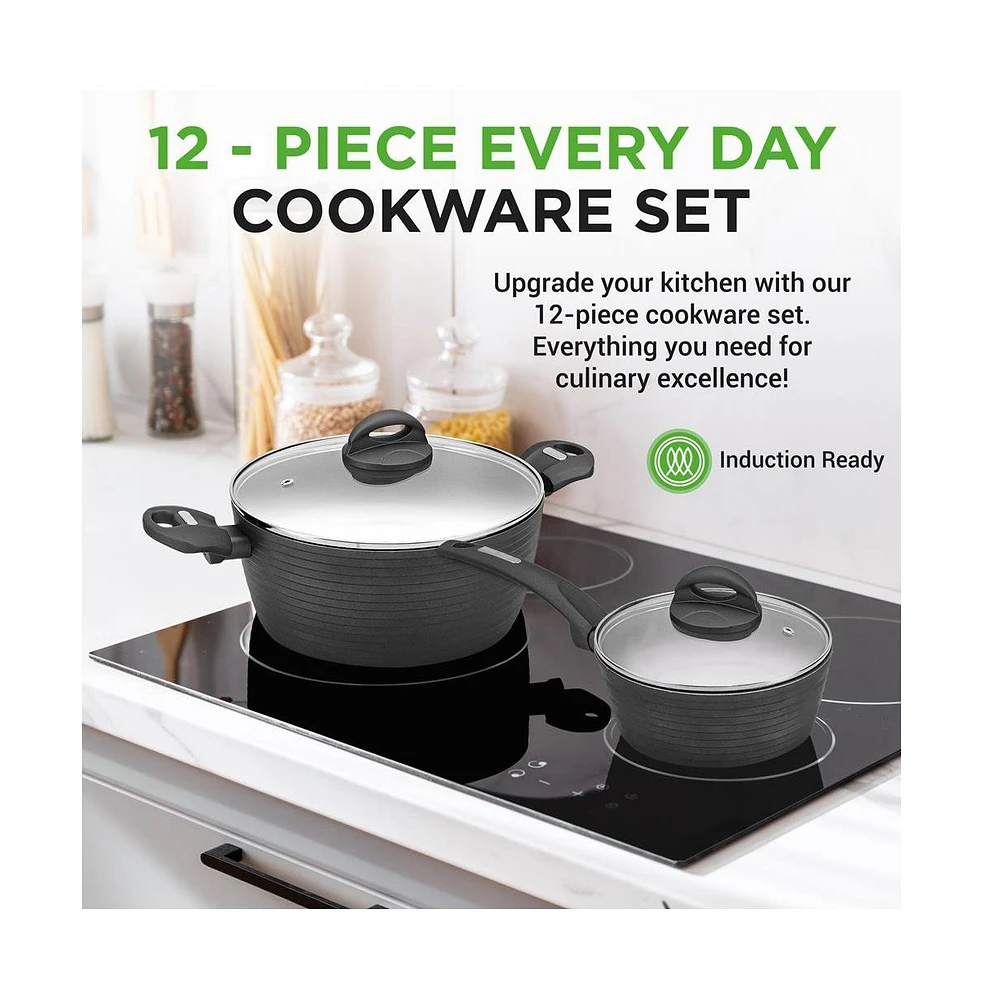 NutriChef Kitchenware Pots & Pans - Stylish Kitchen Cookware Set with Stylish Metallic Ridge-Line Pattern, Non-Stick (12-Piece Set)