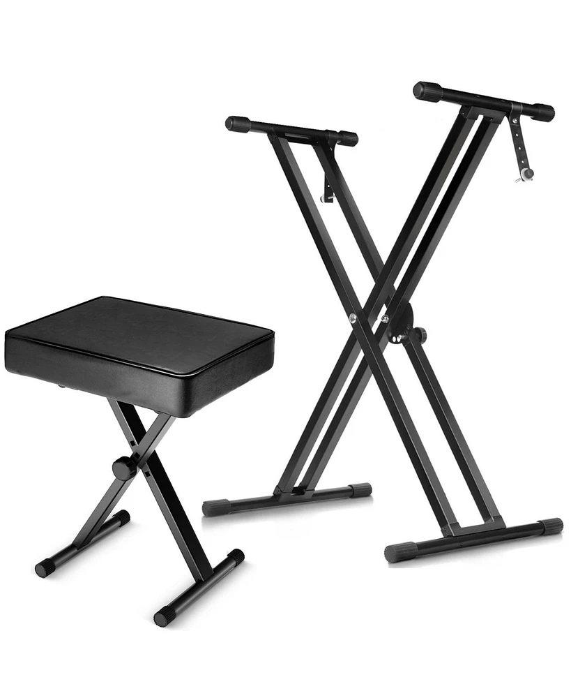 5 Core Keyboard Stand Double X Style Adjustable Piano Riser + Keyboard Piano Bench - Black