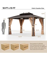 Sugift 10x13ft Double-Roof Patio Hardtop Gazebo with Galvanized Steel Roof Netting and Curtains-Coffee