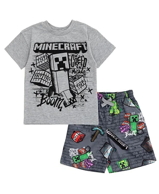 Minecraft Boys Creeper Skeleton Zombie Enderman Graphic T-Shirt and Mesh Shorts Outfit Set to