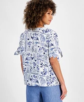 Charter Club Women's Ceramic-Print Split-Neck 100% Linen Shirt, Created for Macy's