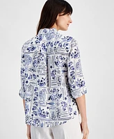 Charter Club Women's Ceramic-Print Linen Button-Up Shirt, Created for Macy's