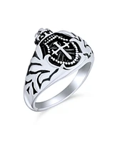 Bling Jewelry Religious Crown Viking Knight Shield Maltase Fleur De Lis Cross Signet Ring Oxidized Silver Tone Stainless