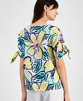 Charter Club Women's Split-Neck Wildflower 100% Linen Shirt, Created for Macy's