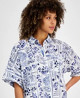 Charter Club Women's Printed Linen Crochet-Trim Shirt, Created for Macy's