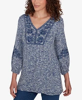 Ruby Rd. Petite Embroidered V-Neck Hatchi Spacedye Knit Top with Balloon Sleeves