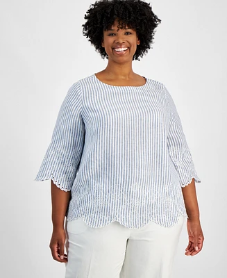 Charter Club Plus Linen 3/4-Sleeve Striped Top, Exclusively at Macy's