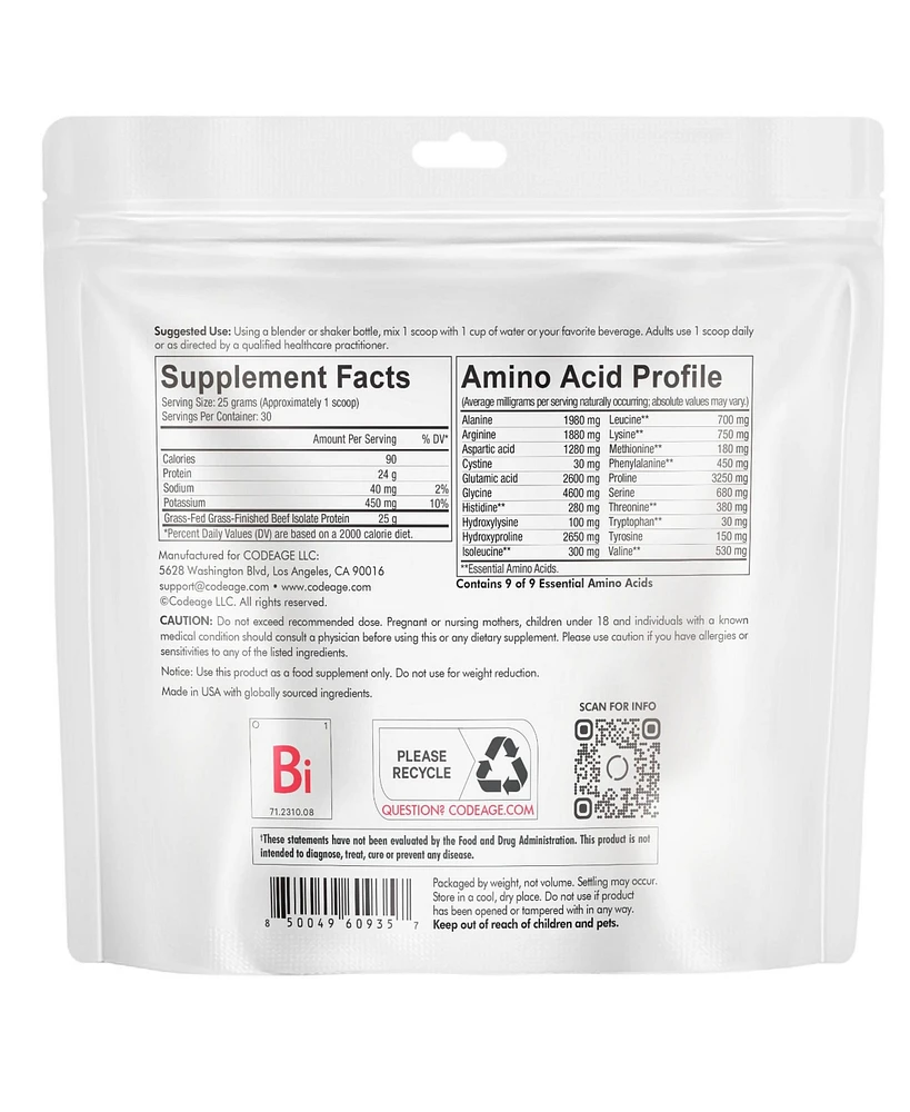 Codeage Grass-Fed Beef Isolate Protein Powder Supplement - 20 Amino Acids, Collagen-Rich - Athletes & Sports