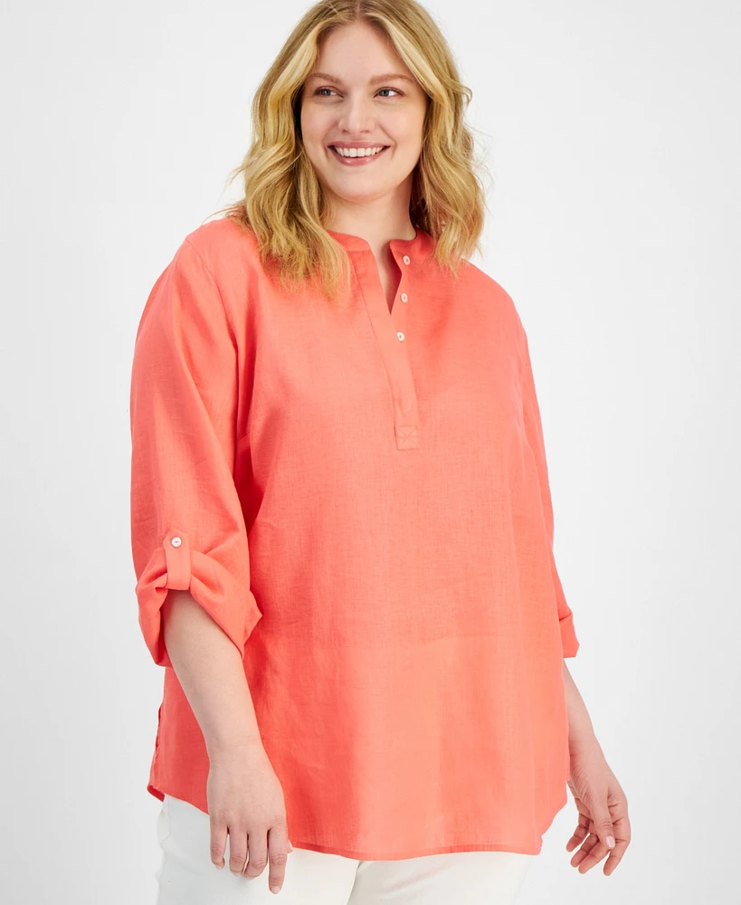 Charter Club Plus Linen Split-Neck Tunic, Exclusively for Macy's