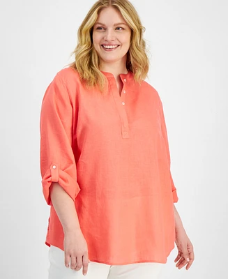 Charter Club Plus 100% Linen Split-Neck Tunic, Exclusively for Macy's