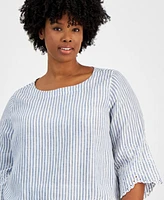 Charter Club Plus Linen 3/4-Sleeve Striped Top, Exclusively at Macy's