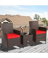 3 Pieces Patio Cushioned Rattan Conversation Set With Glass Table Top