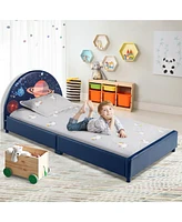 Kids Upholstered Platform Bed Children Twin Size Wooden Bed Galaxy Pattern