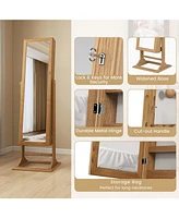 Givimo Freestanding Lockable Jewelry Armoire with Full-Length Mirror and 6 Led Lights-Natural