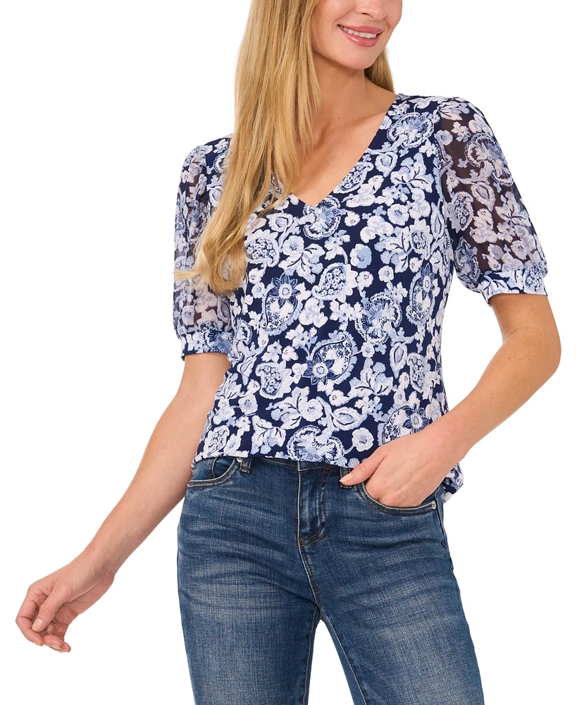 CeCe Women's Floral-Print V-Neck Top