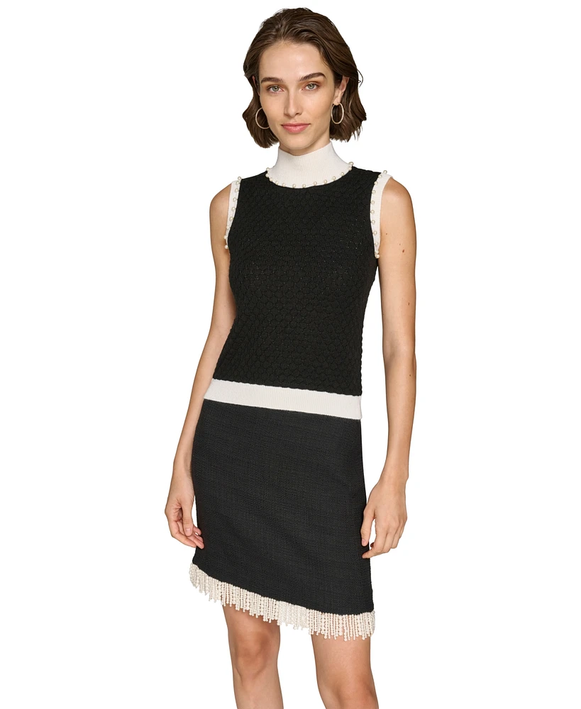 Karl Lagerfeld Paris Women's Sleeveless Mock Neck Pearl Sweater