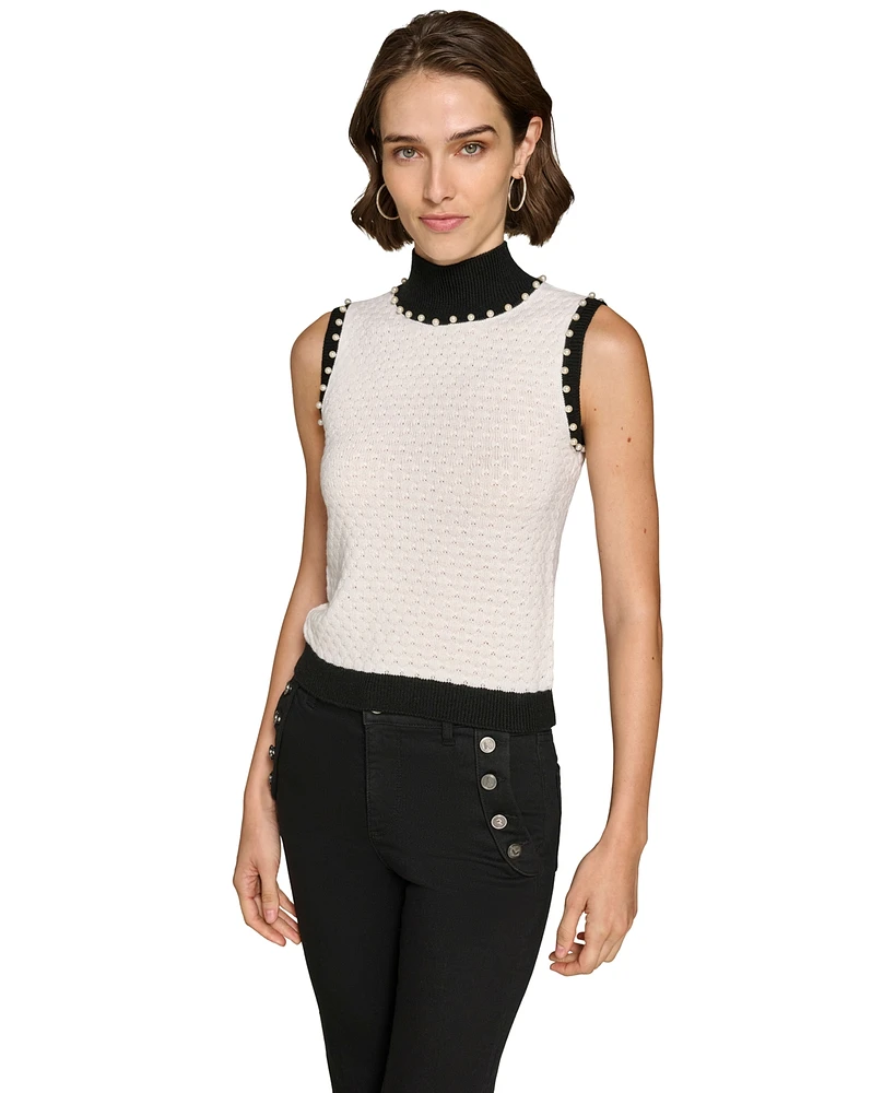 Karl Lagerfeld Paris Women's Sleeveless Mock Neck Pearl Sweater