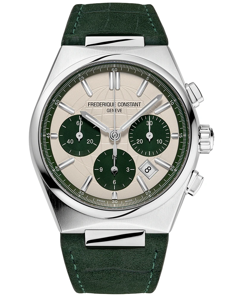 Frederique Constant Men's Swiss Automatic Chronograph Highlife Green Leather Strap Watch 41mm