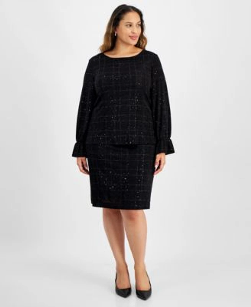 Kasper Plus Size Sequinned Boat Neck Top Pencil Skirt