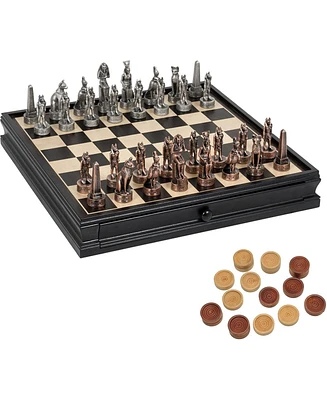 We Games Egyptian Chess & Checkers Game Set - Pewter Chessmen & Black Stained Wood Board with Storage Drawers 15 in.