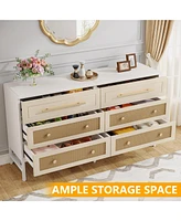 Tribesigns 6 Drawer Dresser, Modern Rattan Dresser for Bedroom, 55 inch Long Double Dresser Wood Storage Organizer Chest of Drawers for Closet Living