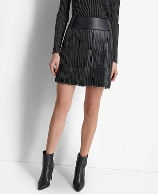 Dkny Women's Tiered-Fringe-Trim Faux-Leather Mini Skirt