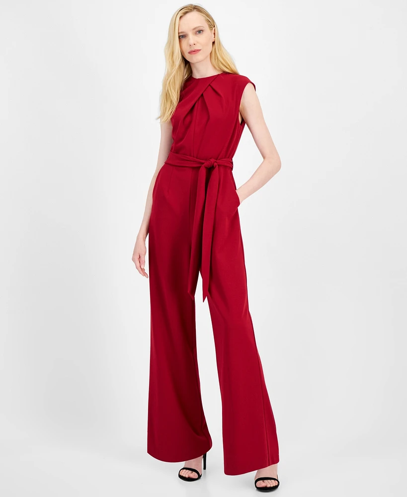 Tahari Petite Pleated-Neck Tie-Belt Jumpsuit