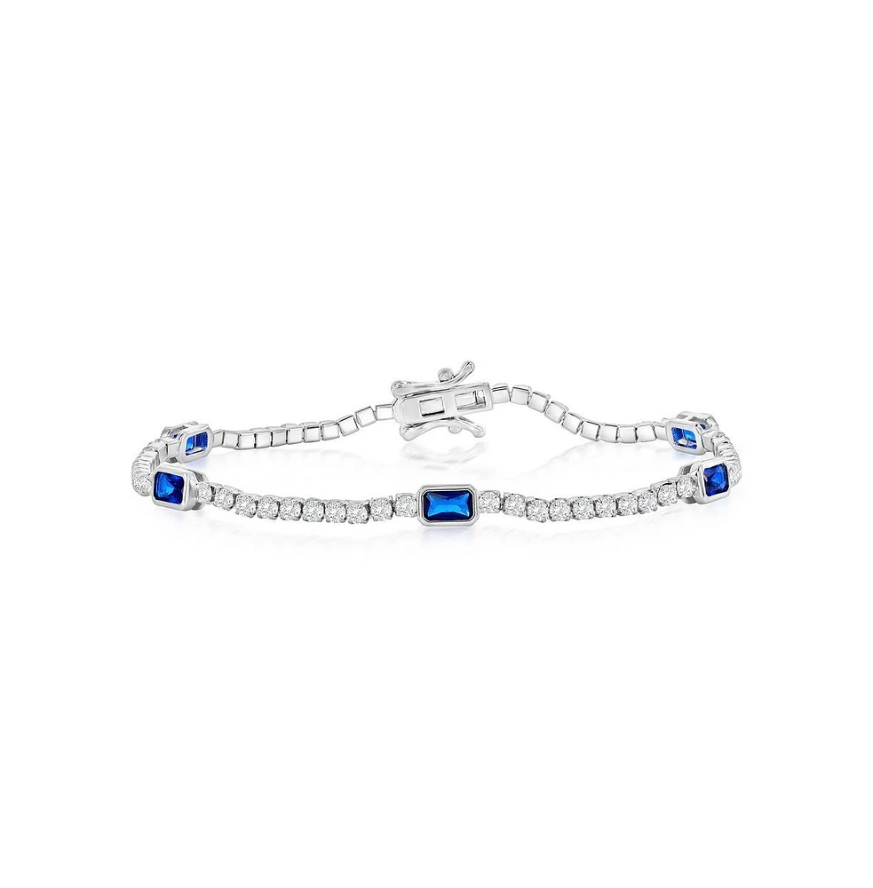 Simona Sterling Silver, Rectangle Bezel-Set & Round Cz Bracelet - Sapphire