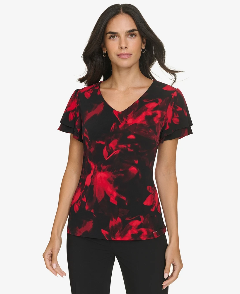 Calvin Klein Petite Printed V-Neck Flutter-Sleeve Top