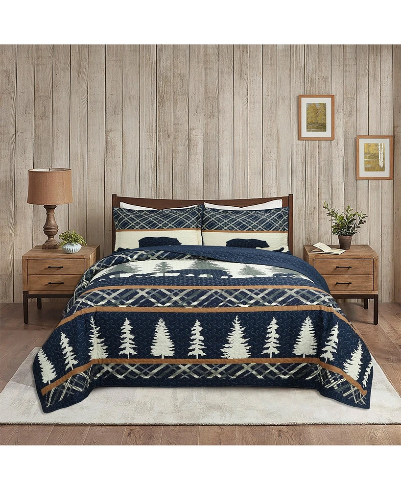 MarCielo 3 Pcs Cabin Lodge Rustic Country Bear Quilt Bedspread Set King