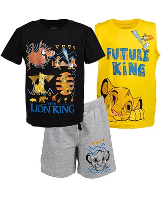 Disney Boys Lion King Toy Story Mickey Mouse Cars T-Shirt Tank Top and French Terry Shorts 3 Piece Outfit Set to