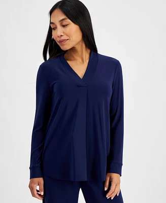 Ak Anne Klein Petite Solid Long-Sleeve V-Neck Top