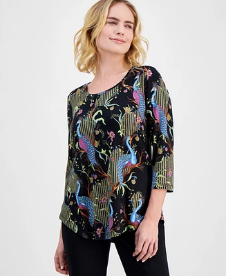 Jm Collection Petite Paradise Peacock Print 3/4-Sleeve Top, Exclusively at Macy's