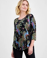 Jm Collection Petite Paradise Peacock Print 3/4-Sleeve Top, Exclusively at Macy's