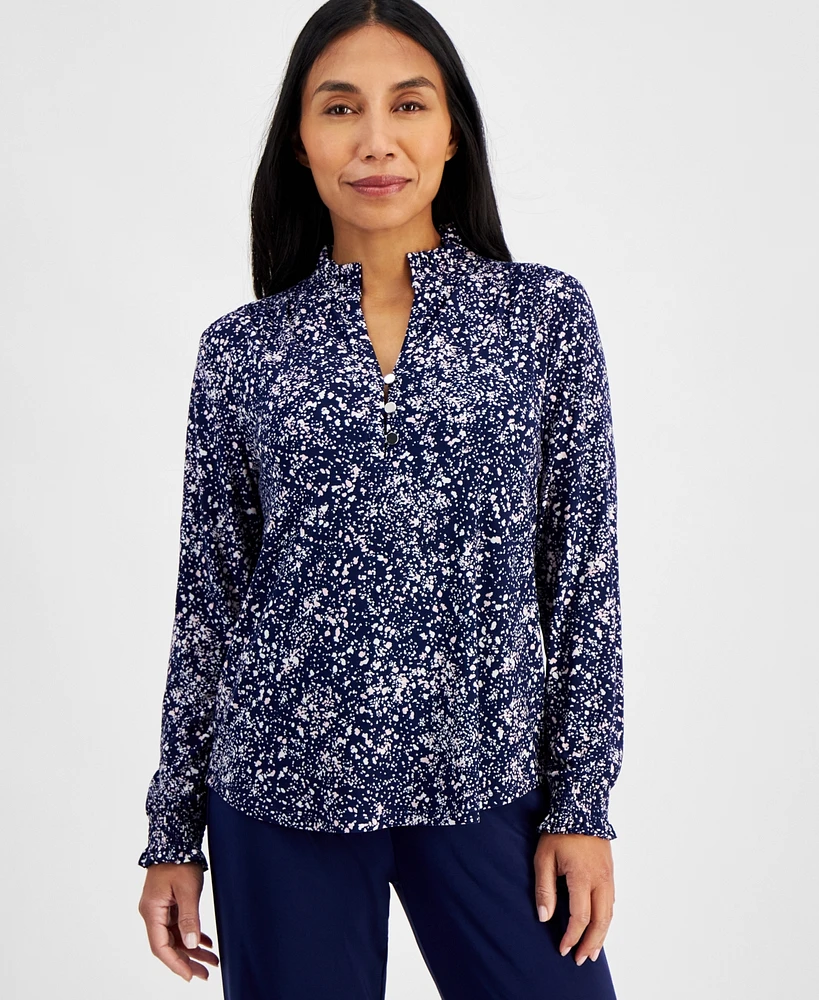 Ak Anne Klein Petite Printed Smocked-Cuff Blouse