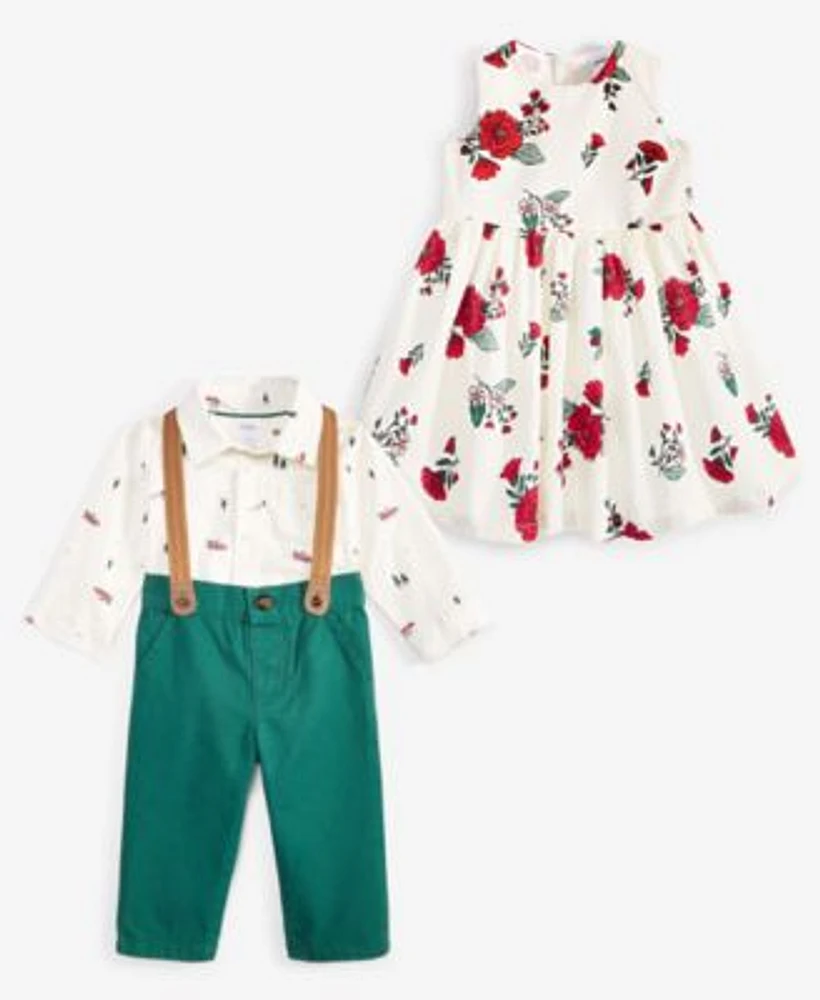 Carters Baby Girls Floral Print Sateen Holiday Dress Baby Boys Christmas Tree Bodysuit Suspenders Pants Set