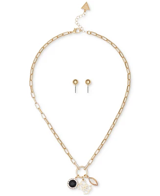 Guess Gold-Tone Mixed Crystal Multi-Charm Pendant Necklace & Stud Earrings Set