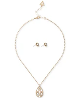 Guess Crystal Tear-Shape Pendant Necklace & Logo Stud Earrings Set