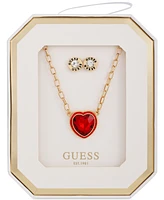 Guess Gold-Tone Framed Crystal Heart Pendant Necklace & Logo Stud Earrings Set