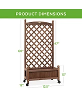 Best Choice Products 60in Mobile Wood Planter Box & Diamond Lattice Trellis, w/ Drainage Holes, Optional Wheels - Walnut