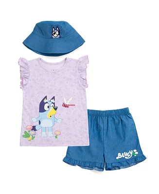 Bluey Girls Floral Tank Top Chambray Shorts and Bucket Sun Hat 3 Piece Outfit Set to