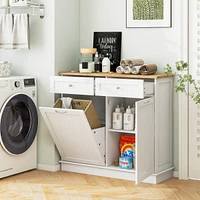 Costway Wooden Kitchen Trash Cabinet Tilt Out Bin Holder with Drawer & Storage Shelf