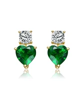 Genevive Sterling Silver 14K Gold Plated with Cubic Zirconia Two-Stone Heart Earrings