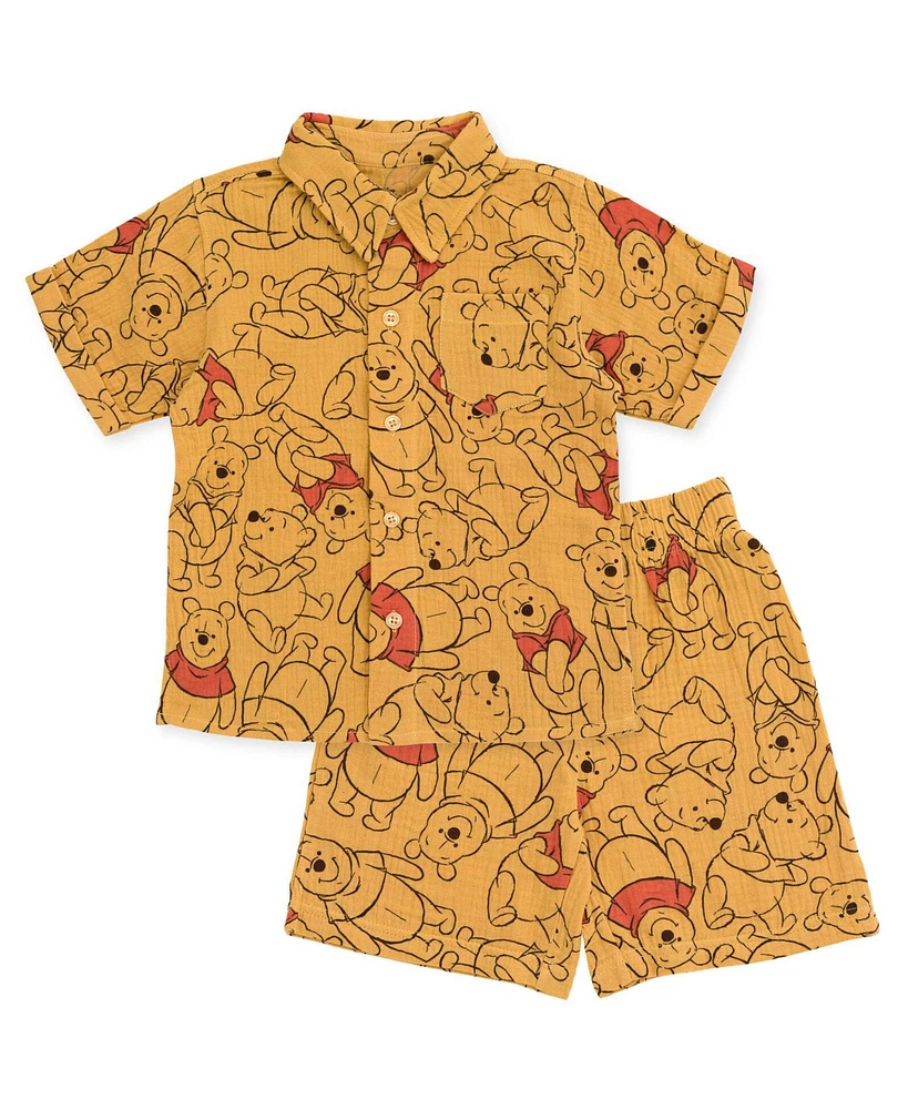 Winnie the Pooh Baby Boys Disney Cotton Gauze Hawaiian Button Down Shirt and Shorts Outfit Set