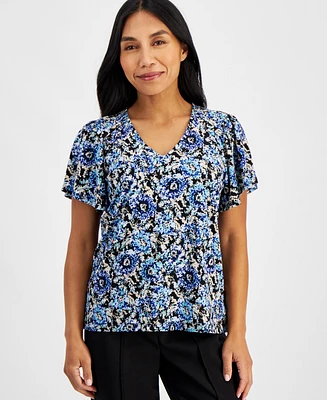 Ak Anne Klein Petite Floral-Print Raglan-Sleeve Top