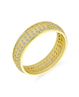 Bling Jewelry Classic Traditional 3 Row Micro Pave Cubic Zirconia Cz Eternity Band Ring For Women Yellow 14K Gold Plated .925 Sterling Silver Rhodium