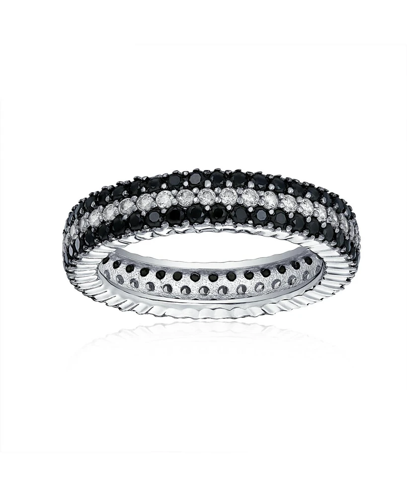 Bling Jewelry Pave Cubic Zirconia Two Tone 3 Row Stripe Cz Statement Black & White Eternity Band Ring For Women .925 Sterling Silver