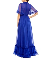 Women's Ruffled High Neck Flutter Sleeve Low Hem Gown