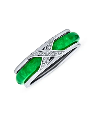 Bling Jewelry Pave Cz Accent Criss Cross Cubic Zirconia X Kiss Dyed Green Jade Band Ring For Women For .925 Sterling Silver