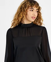 Bar Iii Women's Sheer-Sleeve Mock-Neck Blouse, Created for Macy's